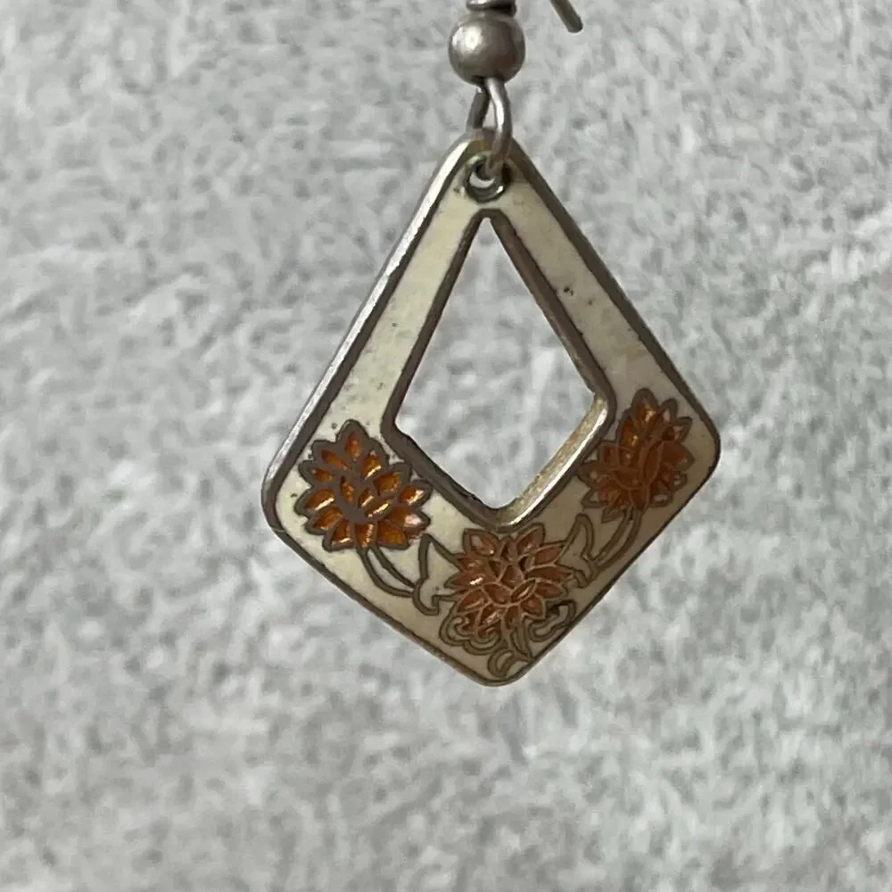 Vintage drop earrings orange peach flower diamond cloisonné